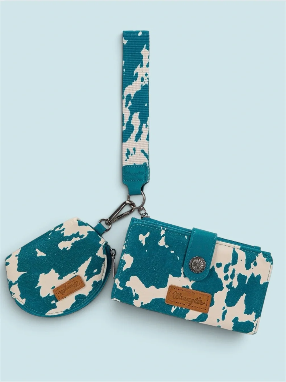 Wrangler Teal & White Cow Print keychain Wallet and Coin Pouch with Wristlet